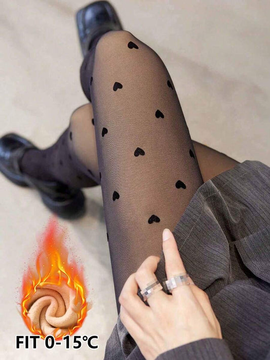 Women's Sheer Black Heart-Shaped Fleece-Lined Socks