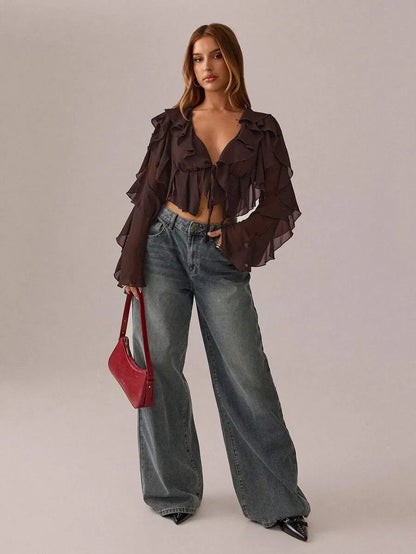 Women’s Sheer Deep V-Neck Tie Blouse – Long Sleeve with Ruffle Detail