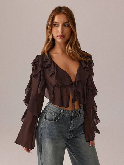 Women’s Sheer Deep V-Neck Tie Blouse – Long Sleeve with Ruffle Detail