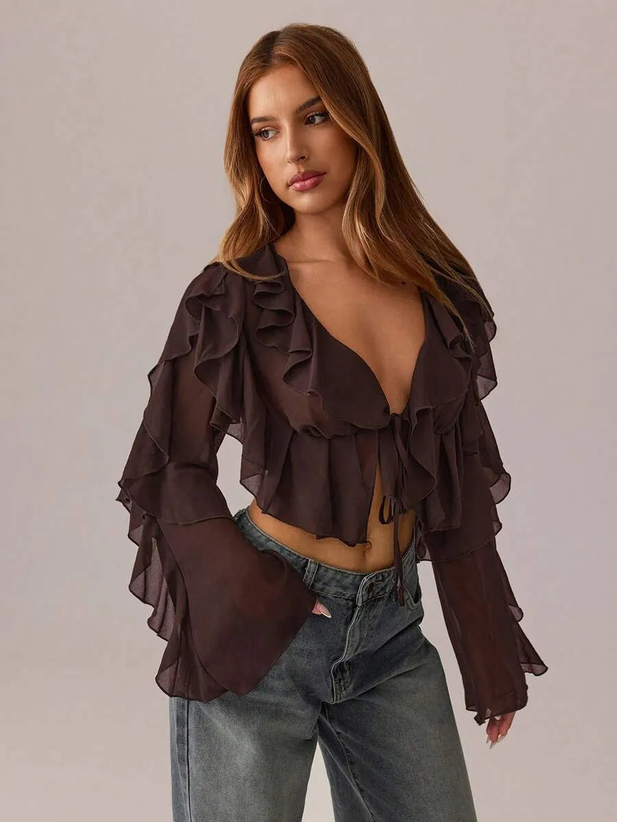 Women’s Sheer Deep V-Neck Tie Blouse – Long Sleeve with Ruffle Detail