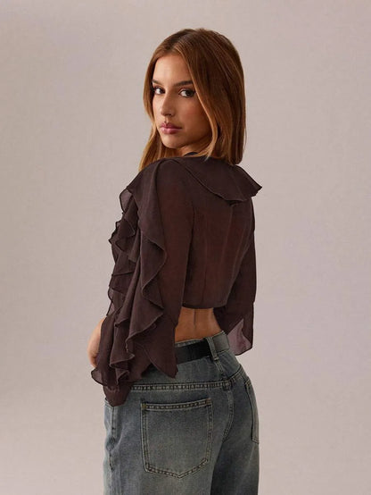 Women’s Sheer Deep V-Neck Tie Blouse – Long Sleeve with Ruffle Detail