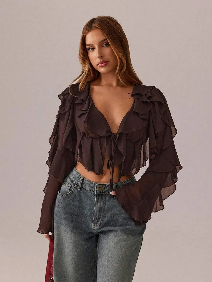 Women’s Sheer Deep V-Neck Tie Blouse – Long Sleeve with Ruffle Detail