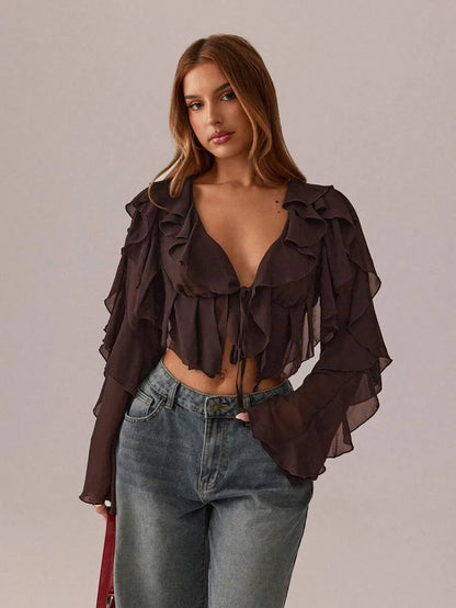 Women’s Sheer Deep V-Neck Tie Blouse – Long Sleeve with Ruffle Detail