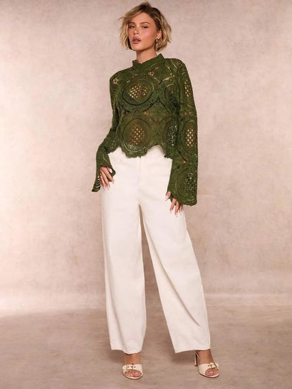Women’s Sheer Floral Long Sleeve Top – Elegant Casual Style