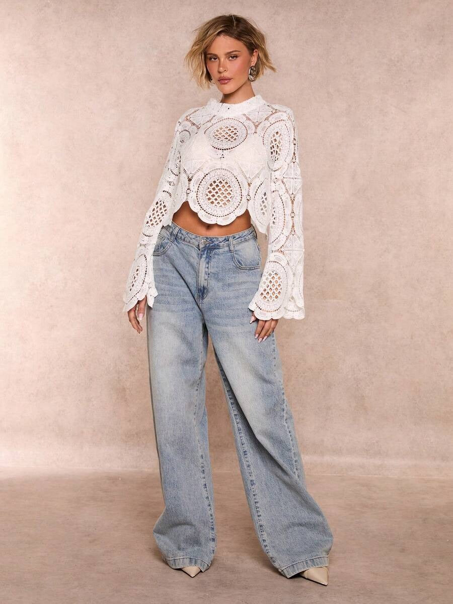 Women’s Sheer Floral Midi Top – Long Sleeve Elegant Going-Out Style