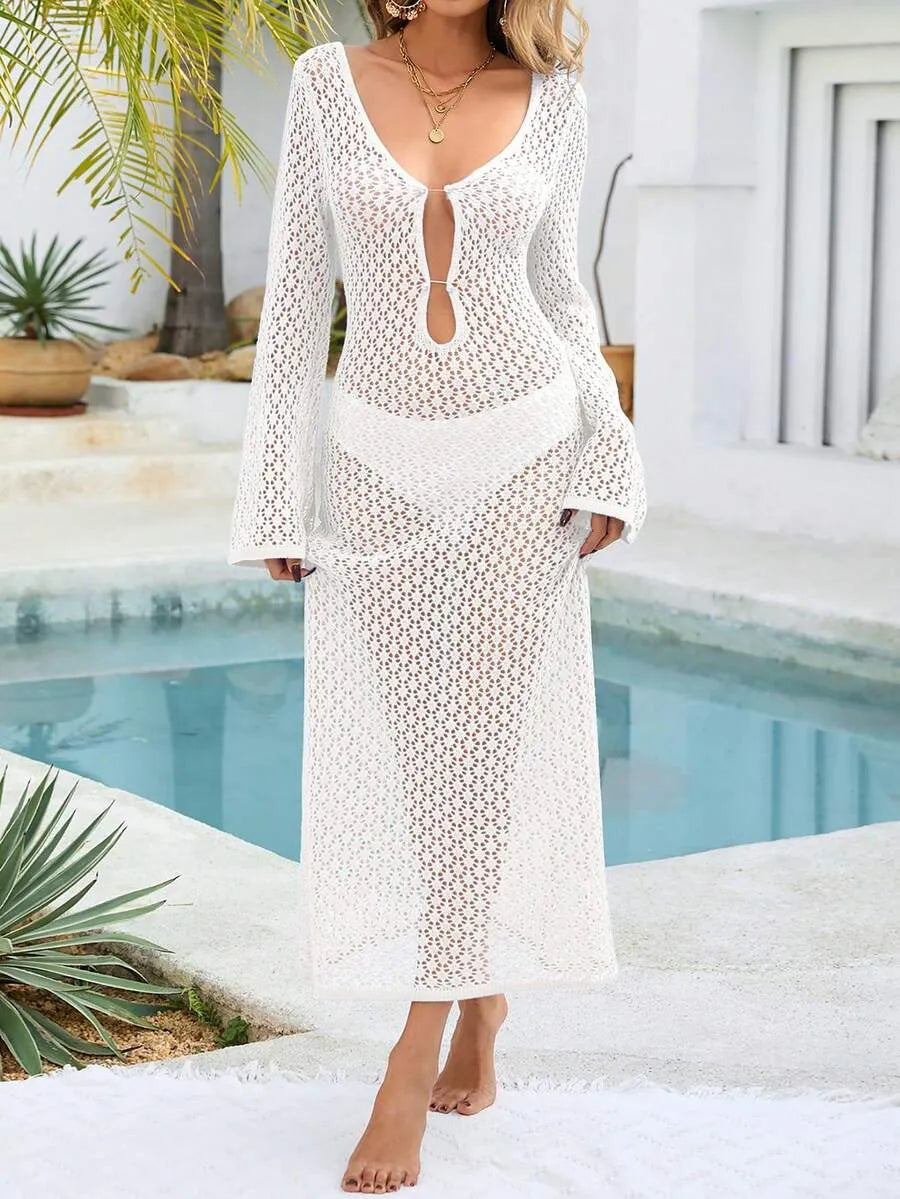 Women’s Sheer Swimsuit Cover-Up Dress – Long Sleeve, V-Neck Bohemian Style