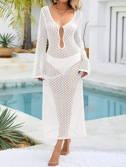 Women’s Sheer Swimsuit Cover-Up Dress – Long Sleeve, V-Neck Bohemian Style