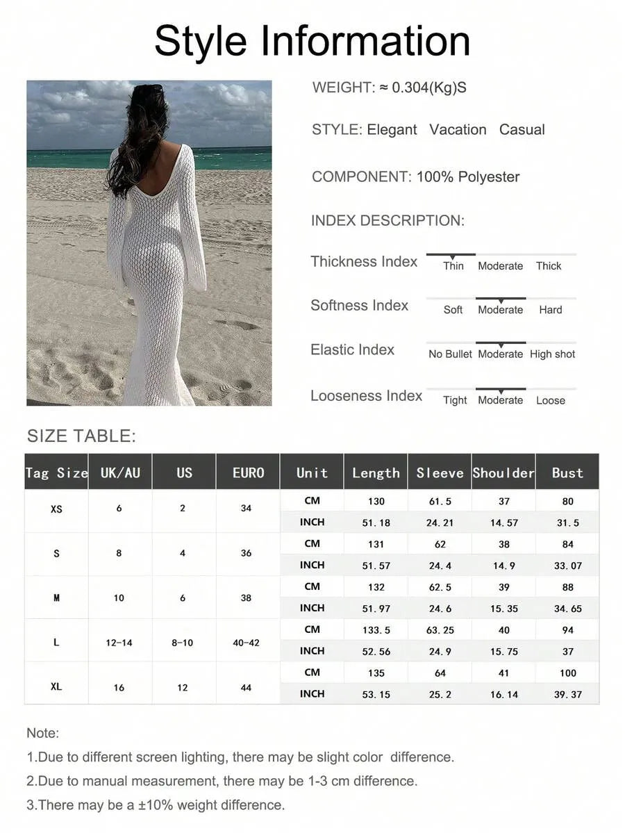 Women’s Sheer Swimsuit Cover-Up Dress – Long Sleeve, V-Neck Bohemian Style