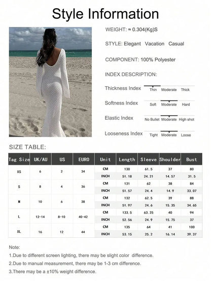 Women’s Sheer Swimsuit Cover-Up Dress – Long Sleeve, V-Neck Bohemian Style