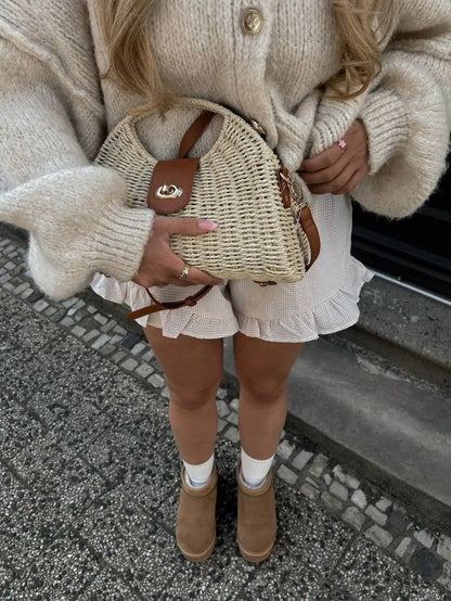 Women's Solid Color Loose Knit Cardigan, Round Neck Lantern Sleeve Button-Up Sweater Fall