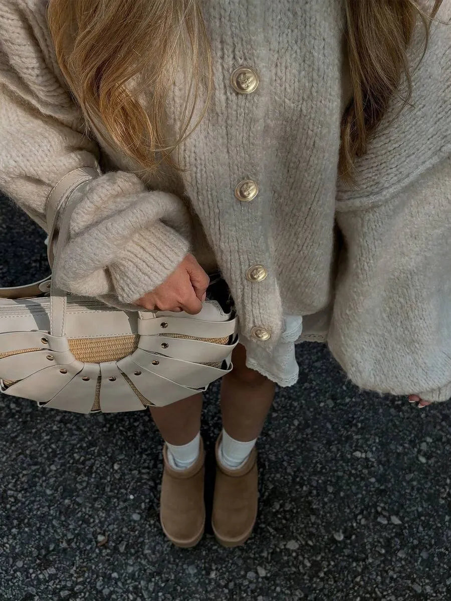 Women's Solid Color Loose Knit Cardigan, Round Neck Lantern Sleeve Button-Up Sweater Fall