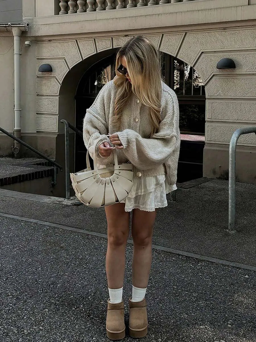 Women's Solid Color Loose Knit Cardigan, Round Neck Lantern Sleeve Button-Up Sweater Fall