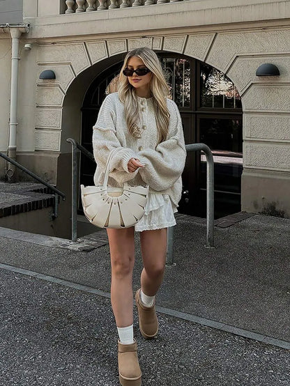 Women's Solid Color Loose Knit Cardigan, Round Neck Lantern Sleeve Button-Up Sweater Fall