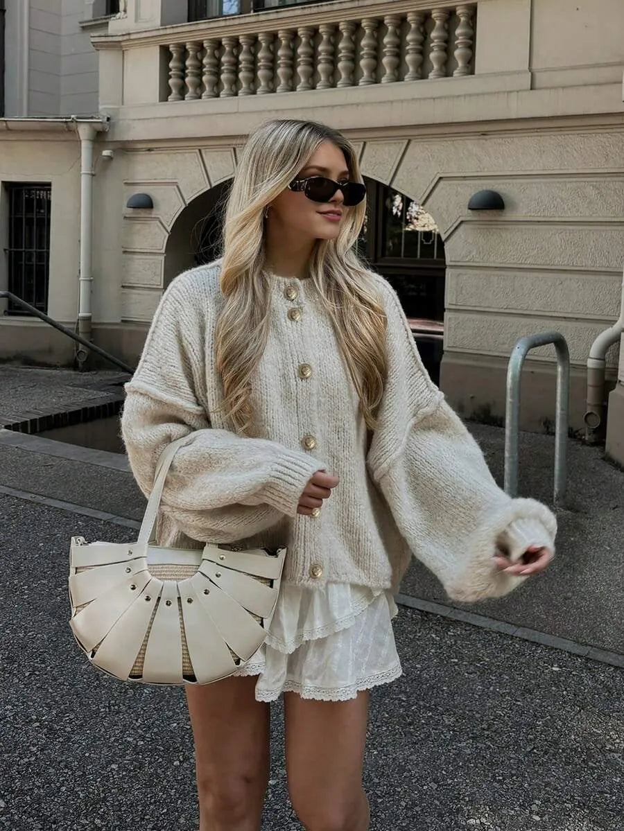 Women's Solid Color Loose Knit Cardigan, Round Neck Lantern Sleeve Button-Up Sweater Fall