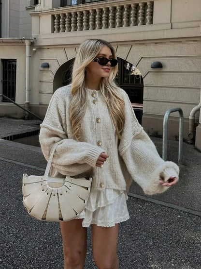 Women's Solid Color Loose Knit Cardigan, Round Neck Lantern Sleeve Button-Up Sweater Fall
