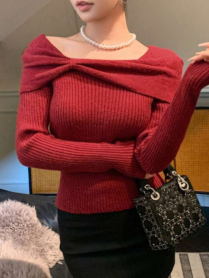 Women's Solid Knit Sweater Elegant Slim Fit Autumn Pullover