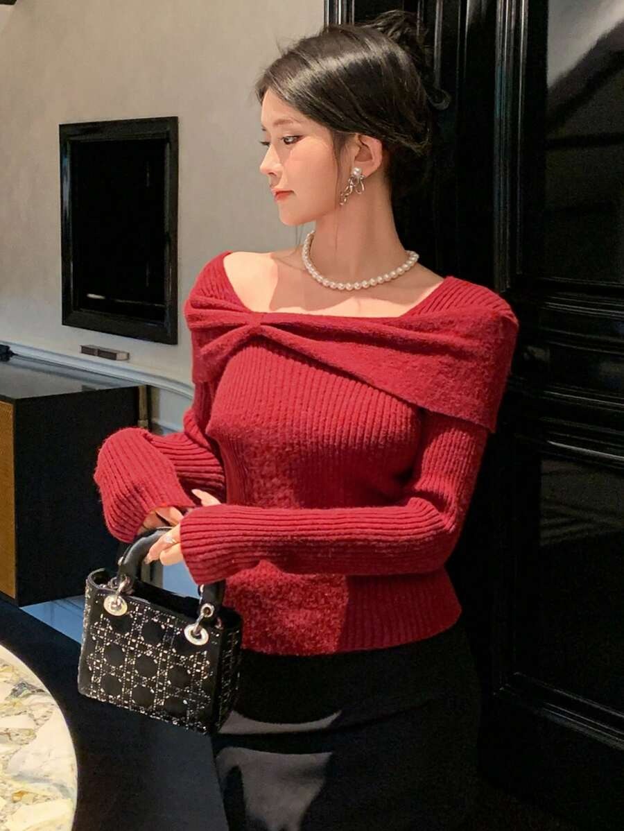 Women's Solid Knit Sweater Elegant Slim Fit Autumn Pullover