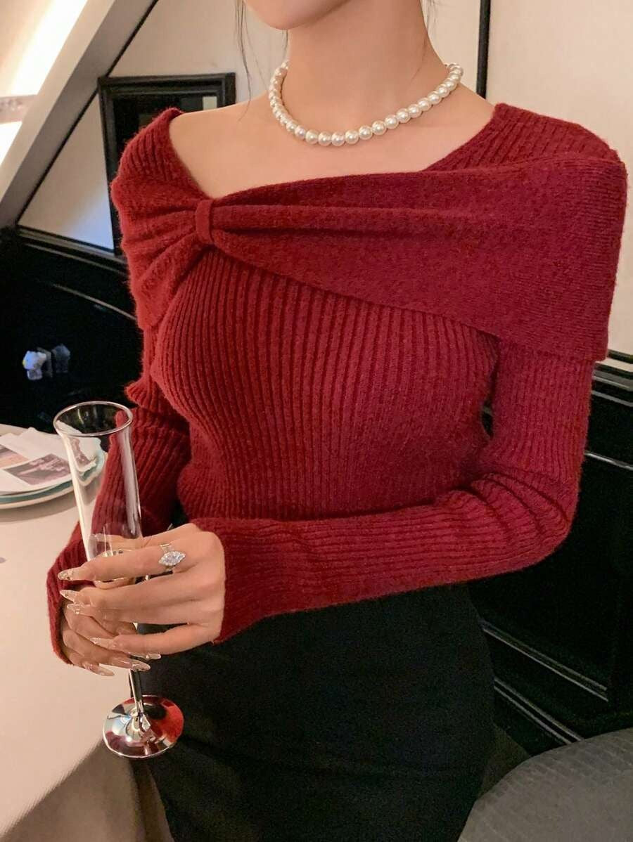 Women's Solid Knit Sweater Elegant Slim Fit Autumn Pullover