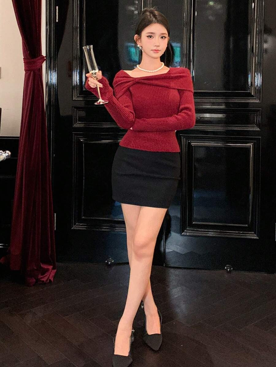 Women's Solid Knit Sweater Elegant Slim Fit Autumn Pullover