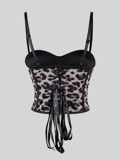 Women’s Tiger Print Snap Button Crop Top – Lace Back, High-Waist Style
