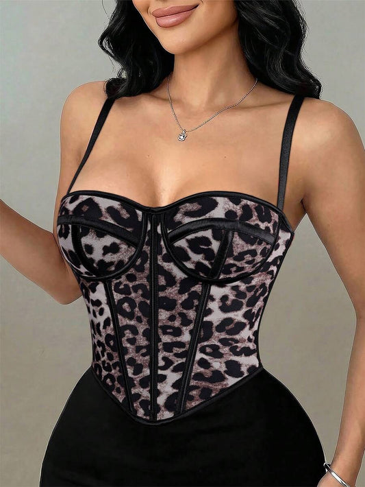 Women’s Tiger Print Snap Button Crop Top – Lace Back, High-Waist Style