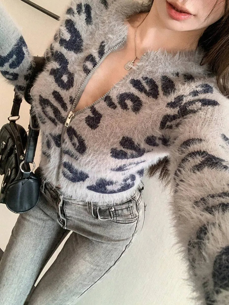 Women's Tiger Print Zipper Cardigan for Winter