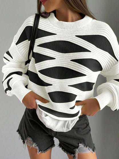 Women’s Wave-Pattern Wool Sweater Color Contrast Lantern Sleeve Knit