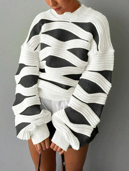 Women’s Wave-Pattern Wool Sweater Color Contrast Lantern Sleeve Knit