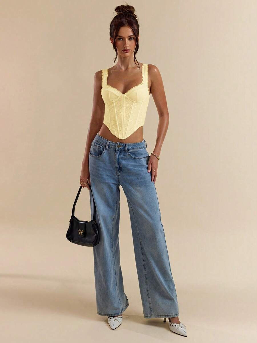 Women's White Lace Camisole Top, Yellow