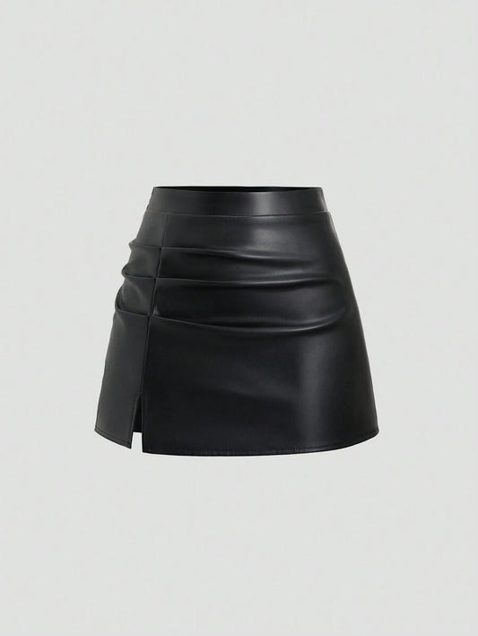 High Waist Pleated Brazilian Faux Leather Mini Skirt with A-Line Side Slit