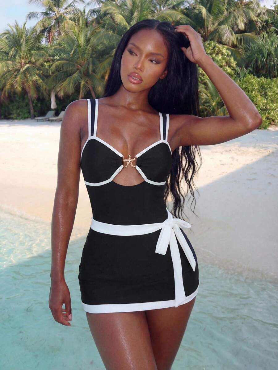 2-Piece Set Women’s One-Piece Swimsuit & Beach Cover-Up Skirt