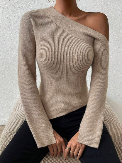 Wool Sweater with Asymmetrical Collar and Slit Hem