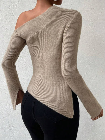 Wool Sweater with Asymmetrical Collar and Slit Hem