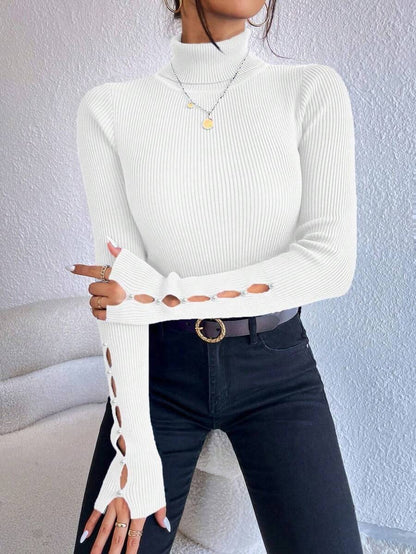 High-Neck Button Down Sweater Long Sleeved Top