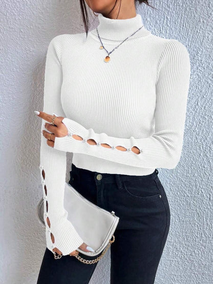 High-Neck Button Down Sweater Long Sleeved Top