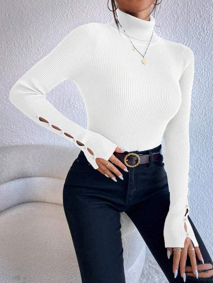 High-Neck Button Down Sweater Long Sleeved Top