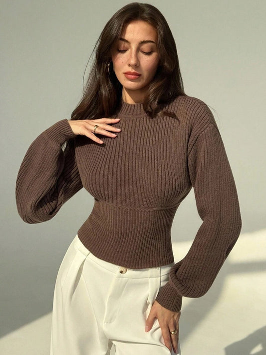 Women’s Vintage High-Neck Wool Sweater with Batwing Sleeves, Fitted Waist & Thick Knit