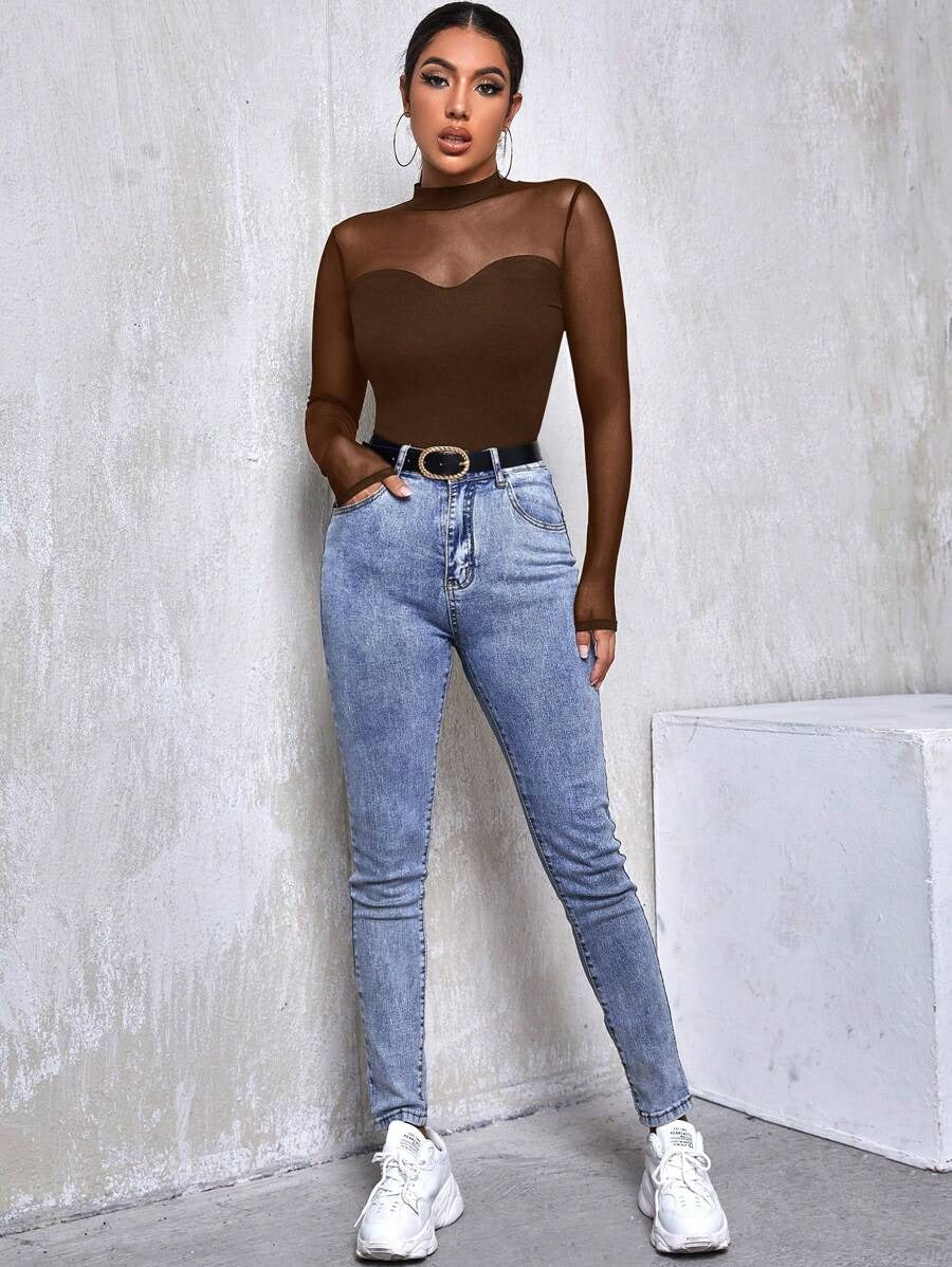 Long-Sleeved Mesh Collar Shirt