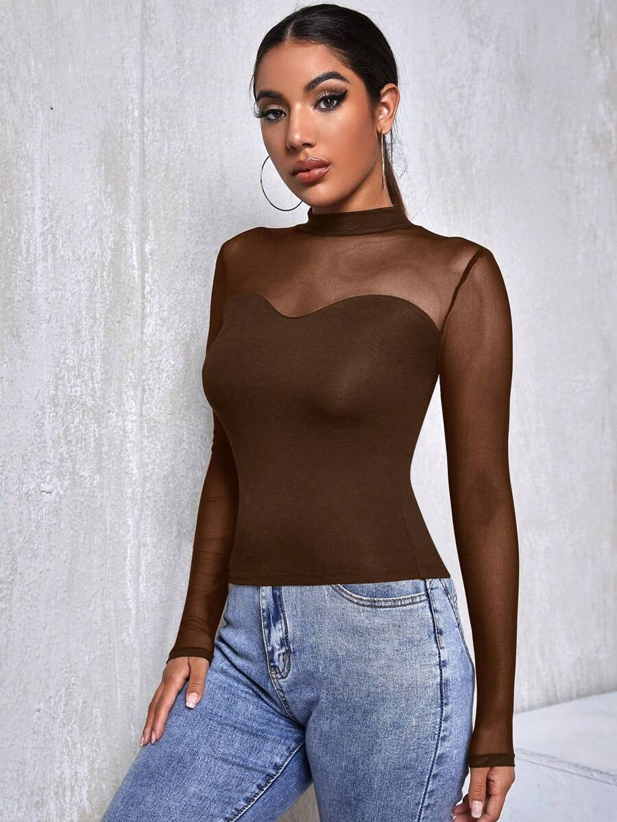 Long-Sleeved Mesh Collar Shirt
