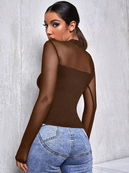 Long-Sleeved Mesh Collar Shirt