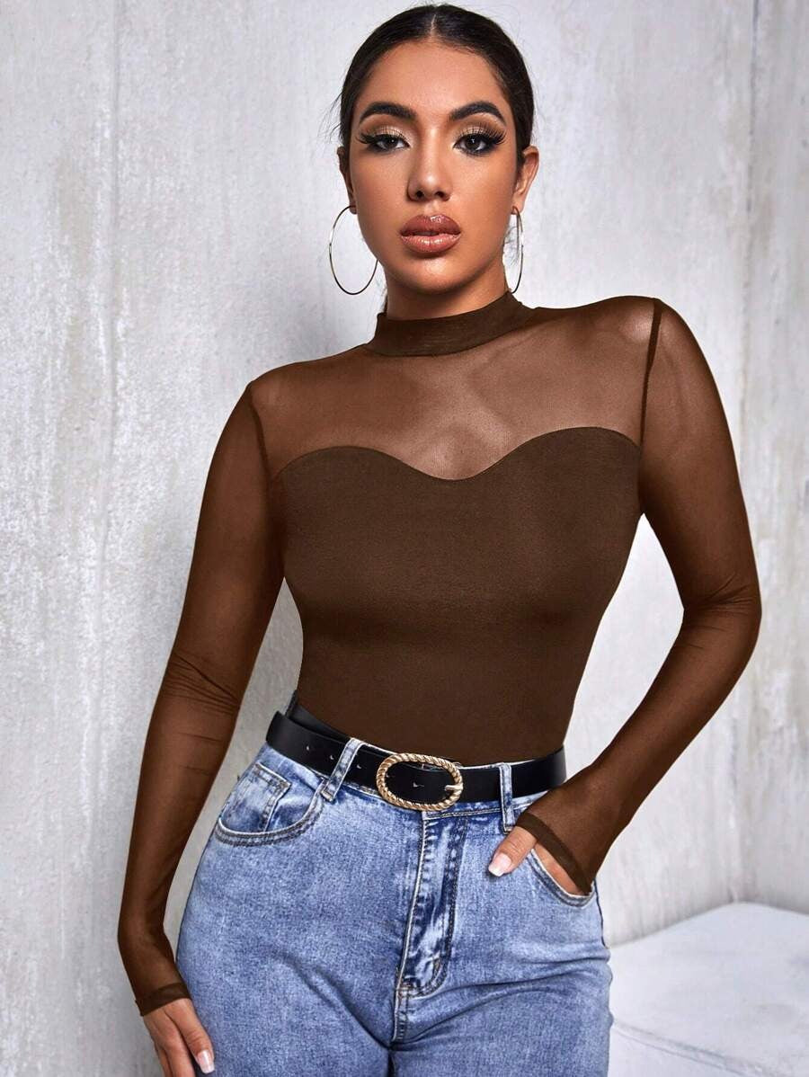 Long-Sleeved Mesh Collar Shirt