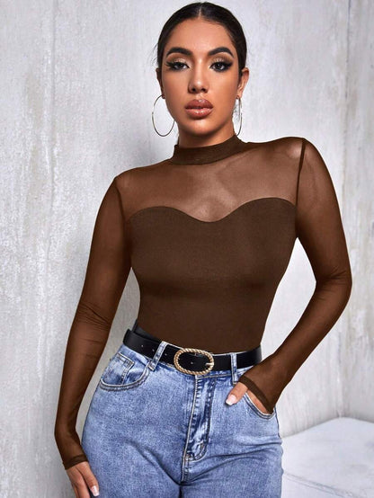 Long-Sleeved Mesh Collar Shirt