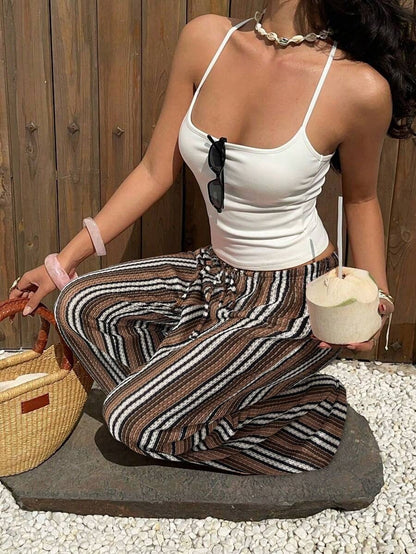 long casual low-waisted skirt with versatile stripes in dark brown