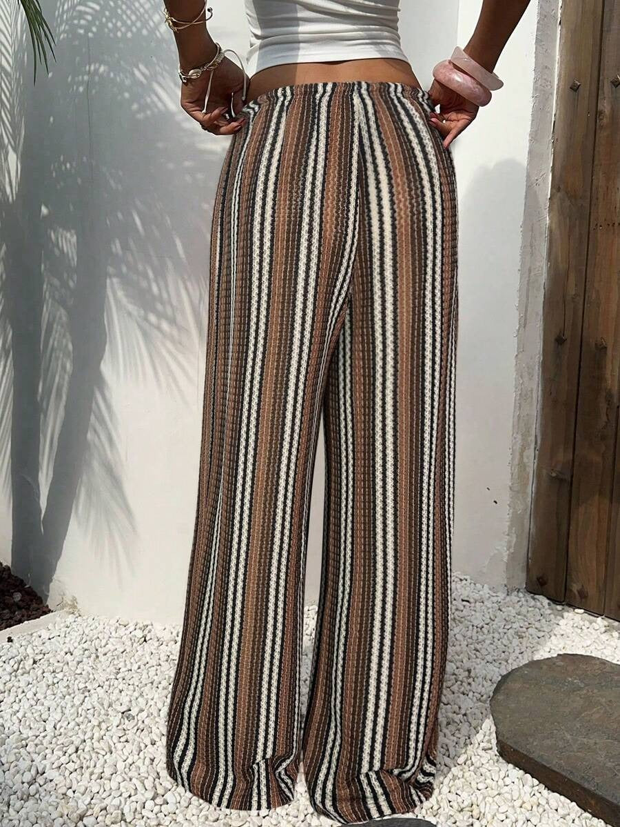 long casual low-waisted skirt with versatile stripes in dark brown