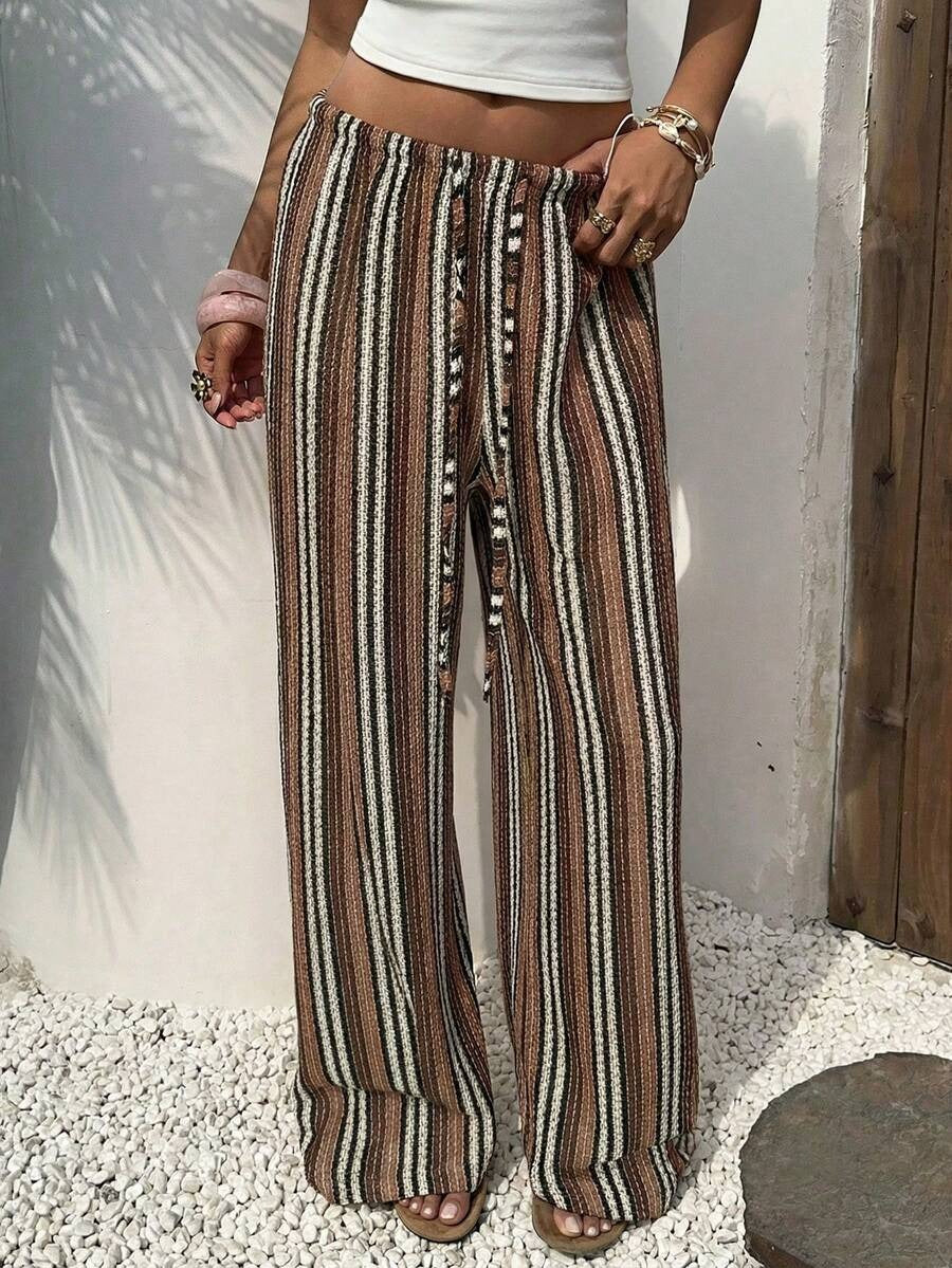 long casual low-waisted skirt with versatile stripes in dark brown