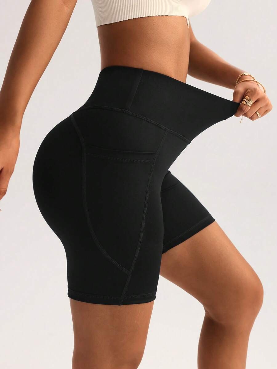 Women’s Black Athletic Shorts – Slim Waist, Stretch Fit with Pockets for Running & Yoga
