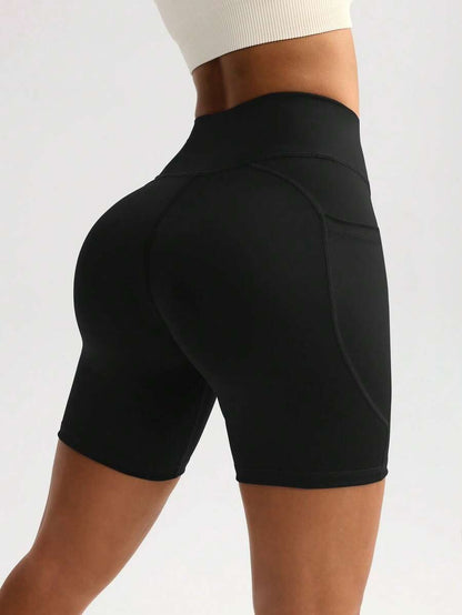 Women’s Black Athletic Shorts – Slim Waist, Stretch Fit with Pockets for Running & Yoga