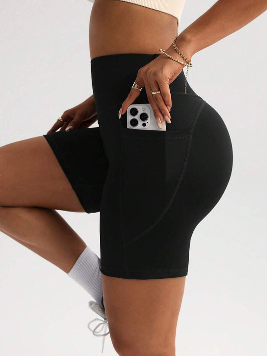 Women’s Black Athletic Shorts – Slim Waist, Stretch Fit with Pockets for Running & Yoga