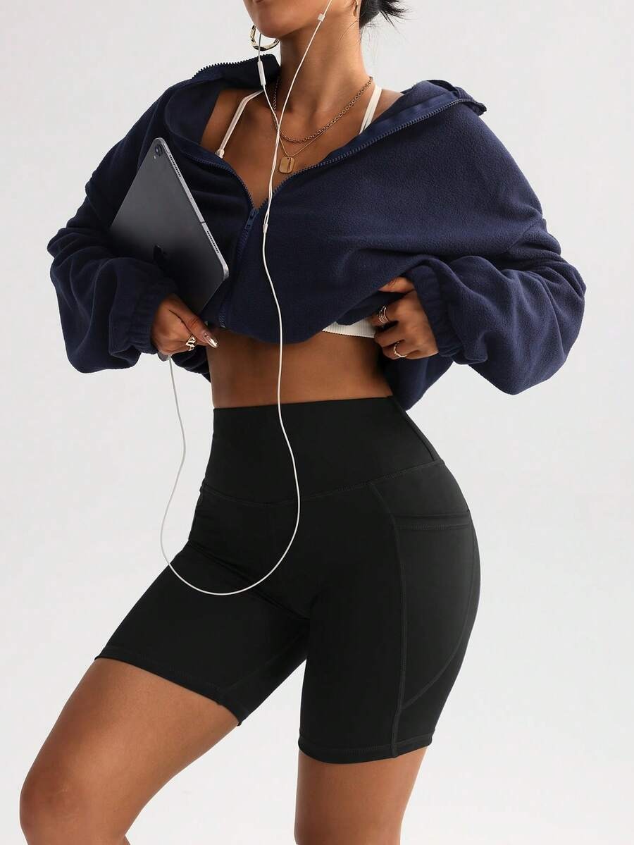 Women’s Black Athletic Shorts – Slim Waist, Stretch Fit with Pockets for Running & Yoga