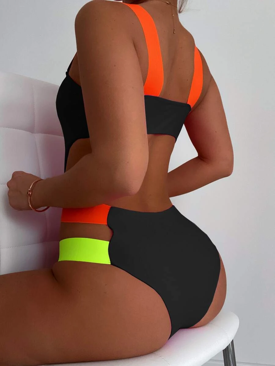 Colorful Strap Cut-Out One Piece Swimsuit
